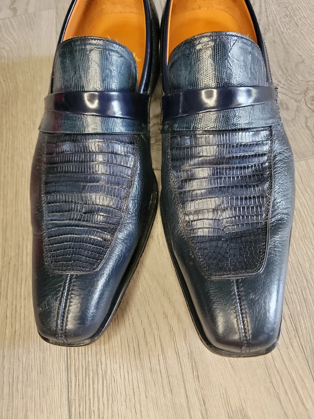 Mezlan Custom Irabu Loafers Men's Size 10 Navy Blue Lizard Leather Dress Shoes